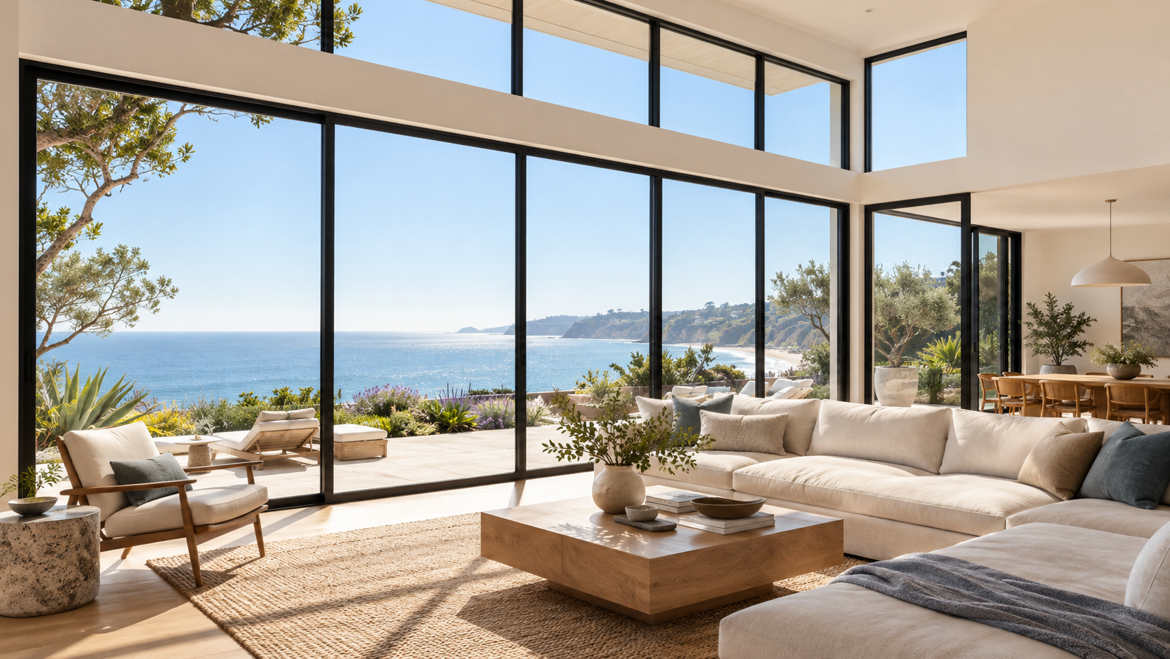 Sunlit coastal living room with expansive black-framed windows